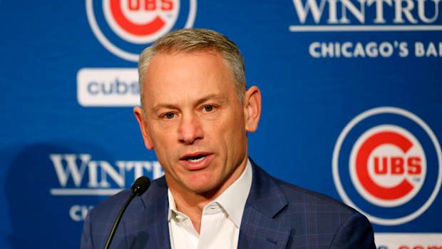 Jan 12, 2024; Chicago, IL, USA; Chicago Cubs president of baseball operations Jed Hoyer talks to the media after introducing pitcher Shota Imanaga (not pictured) during a press conference at Loews Chicago Hotel. Mandatory Credit: Kamil Krzaczynski-USA TODAY Sports